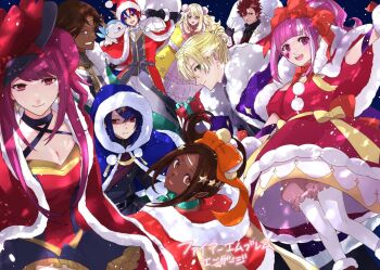  4girls 5boys :d alcryst_(fire_emblem) alfred_(fire_emblem) alternate_costume blonde_hair bloomers blue_eyes blue_hair bow breasts brother_and_sister brothers celine_(fire_emblem) christmas cleavage commentary_request cosplay dark-skinned_female dark-skinned_male dark_skin diamant_(fire_emblem) facial_mark fake_antlers fire_emblem fire_emblem_engage fogado_(fire_emblem) green_eyes grin hair_between_eyes hair_bow hair_ornament hair_ribbon hat heart heart_facial_mark hortensia_(fire_emblem) ivy_(fire_emblem) konnichi_warou large_breasts long_hair male_alear_(fire_emblem) multicolored_hair multiple_boys multiple_girls nintendo open_mouth orange_bow pink_bloomers pink_eyes pink_hair red_bow red_eyes red_hair ribbon rudolph_the_red_nosed_reindeer rudolph_the_red_nosed_reindeer_(cosplay) santa_hat siblings sisters small_breasts smile sommie_(fire_emblem) star-shaped_pupils star_(symbol) star_hair_ornament symbol-shaped_pupils timerra_(fire_emblem) translation_request two-tone_hair underwear 