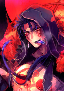 1boy bare_pectorals blue_hair chest_tattoo cu_chulainn_(fate) cu_chulainn_alter_(fate) cu_chulainn_alter_(fate/grand_order) cu_chulainn_alter_(third_ascension)_(fate) fate/grand_order fate_(series) forked_tongue full-body_tattoo highres hood male_focus pectorals solo sunday31 tattoo tongue