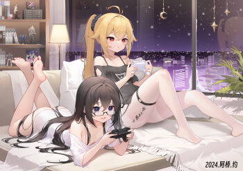 2girls absurdres antenna_hair artist_name ass bare_shoulders black_hair black_ribbon black_shirt black_shorts blonde_hair blue_headdress breasts character_request cityscape cleavage clothing_cutout collarbone commentary_request commissioner_name controller copyright_request couch crescent dated diamond_cutout dot_nose frilled_ribbon frills fur-trimmed_headwear fur_trim hair_ribbon hair_spread_out headphones headphones_around_neck highres holding holding_controller lamp legs_up long_hair looking_ahead loose_clothes loose_shirt lying maid_headdress multiple_girls night no_bra on_back on_couch on_stomach open_mouth panties panty_peek pantyhose playing_games playing_video_games ponytail red_eyes ribbon semi-rimless_eyewear shebaotower shirt shorts sitting sky small_breasts smile star_(sky) starry_sky starry_sky_background teeth thigh_strap under-rim_eyewear underwear variant_set very_long_hair white_pantyhose 