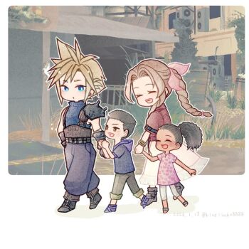  2boys 2girls aerith_gainsborough armor baggy_pants bandaged_arm bandages bangle belt black_boots black_hair blonde_hair blue_eyes blue_shirt bluelimbo8888 boots border bracelet braid braided_ponytail brown_eyes brown_gloves brown_hair chibi chibi_only child closed_eyes cloud_strife curly_hair dark-skinned_female dark_skin dated dress earrings final_fantasy final_fantasy_vii final_fantasy_vii_remake full_body gloves grey_pants hair_ribbon holding_hands hood hoodie jacket jewelry laughing long_dress long_hair looking_at_another multiple_belts multiple_boys multiple_girls open_mouth pants pants_rolled_up parted_bangs parted_lips pauldrons pink_dress pink_ribbon pink_shirt ponytail purple_hoodie purple_pants red_jacket ribbon shirt short_hair short_sleeves shoulder_armor sidelocks single_bare_shoulder single_braid single_earring single_pauldron slums smile spiked_hair suspenders twitter_username very_short_hair walking white_border white_pants 