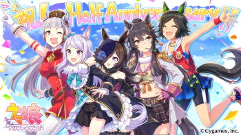  5girls ;d animal_ears ankle_strap anniversary aqua_bow aqua_ribbon arm_garter arm_up armpits back_bow bandaid bandaid_on_face bandaid_on_nose bare_shoulders belt belt_buckle belt_pouch bike_shorts bike_shorts_under_skirt black_hair black_jacket black_skirt black_thighhighs blue_dress blue_flower blue_hat blue_rose blue_skirt blue_sports_bra blunt_bangs bow bowler_hat bowtie breasts brown_belt brown_hair brown_hat buckle buttons chest_sarashi choker cleavage closed_eyes cloud collarbone commentary_request company_name confetti copyright_name copyright_notice dagger double-breasted dress ear_ribbon earmuffs epaulettes feather-trimmed_sleeves fingerless_gloves flipped_hair flower flower_as_hat frilled_sleeves frills frogging fur_collar fur_trim gloves gold_ship_(red_strife)_(umamusume) gold_ship_(umamusume) gold_trim grey_hair hair_between_eyes hair_bow hair_ornament hair_over_one_eye hairclip hand_around_neck hand_on_own_hip hat high_ponytail hood hood_down horse_ears horse_girl horse_tail jacket jewelry knife lace lace-trimmed_dress lace-trimmed_legwear lace-trimmed_thighhighs lace_trim large_bow leaning_forward leg_up logo long_hair long_sleeves looking_ahead looking_to_the_side loose_belt loose_clothes medium_breasts mejiro_mcqueen_(frontline_elegance)_(umamusume) mejiro_mcqueen_(umamusume) midriff midriff_peek miniskirt mouth_hold multicolored_footwear multiple_girls narita_brian_(maverick)_(umamusume) narita_brian_(umamusume) navel necklace off-shoulder_dress off_shoulder official_art one_eye_closed one_eye_covered open_clothes open_jacket open_mouth pants party_popper pillbox_hat pink_gloves plaid_clothes plaid_skirt pleated_dress pleated_skirt ponytail pouch purple_bow purple_eyes purple_gloves purple_hair purple_thighhighs red_bow red_bowtie red_dress red_eyes red_jacket ribbon rice_shower_(rosy_dreams)_(umamusume) rice_shower_(umamusume) rope rose sarashi sheath sheathed shimenawa shirt short_dress short_hair sidelocks skirt sky sleeve_cuffs sleeveless sleeveless_dress sleeveless_shirt slim_legs small_breasts smile sports_bra sportswear spread_fingers stalk_in_mouth standing standing_on_one_leg straight_hair striped_bike_shorts striped_clothes striped_shirt swept_bangs tail teeth thigh_strap thighhighs tilted_headwear tongue tongue_out translation_request umamusume upper_teeth_only v-shaped_eyebrows walking weapon white_gloves white_jacket white_pants winning_ticket_(get_to_winning!)_(umamusume) winning_ticket_(umamusume) yellow_eyes zettai_ryouiki 