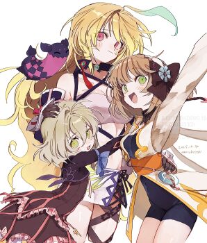  3girls absurdres ahoge black_bodysuit black_bow blonde_hair blush bodysuit bow brown_hair character_name choker coat commentary_request creature crop_top dated dress elize_lutus flower frilled_dress frills gloves gradient_hair green_eyes hair_between_eyes hair_bow hair_ornament hairband highres hug leia_rolando long_hair midriff milla_maxwell miniskirt multicolored_hair multiple_girls nancykittyu open_mouth red_eyes short_hair simple_background skirt smile strapless tales_of_(series) tales_of_xillia teepo_(tales) white_background  rating:General score:2 user:danbooru