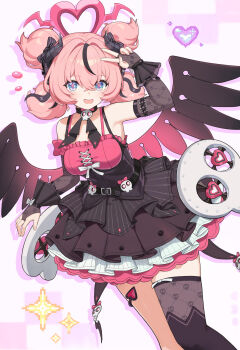  1girl aria_(discordant_note)_(zenless_zone_zero) aria_(zenless_zone_zero) bare_shoulders black_bridal_gauntlets black_choker black_dress black_hair black_horns black_streaks black_wings blue_eyes breasts bridal_gauntlets choker collarbone commentary_request cowboy_shot dress fake_horns gradient_wings heart highres horns ikarosu_(ikarosu01) looking_at_viewer medium_breasts multicolored_hair multicolored_wings official_alternate_costume open_mouth pink_hair quad_tails red_wings single_thighhigh skull_ornament solo sparkle star-shaped_pupils star_(symbol) streaked_hair symbol-shaped_pupils thighhighs v v_over_head wings zenless_zone_zero 