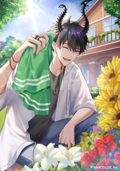  1boy ;d asymmetrical_horns black_hair black_horns black_shirt blue_eyes blue_flower blue_pants bracelet brick_wall building cloud commentary_request copyright_notice day denim drawstring earrings fangs feet_out_of_frame flower hair_between_eyes hand_up hibiscus holding holding_towel horns jacket jeans jewelry kawausoman lily_(flower) looking_at_viewer male_focus multiple_bracelets multiple_rings nijisanji nijisanji_en official_art on_one_knee one_eye_closed open_clothes open_jacket open_mouth outdoors pants pointy_ears purple_flower red_flower ren_zotto ring sample_watermark shirt short_hair smile solo stud_earrings sun sunflower sunlight three-quarter_sleeves towel tree uneven_horns virtual_youtuber watermark white_flower white_jacket white_lily yellow_flower 