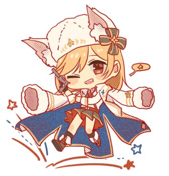  1girl belt black_gloves black_socks blonde_hair blush boots brooch brown_belt brown_boots brown_skirt buckle chibi fingerless_gloves full_body fur_hat fur_trim girls'_frontline gloves gun hair_between_eyes hand_on_headwear handgun hat holding holding_gun holding_weapon holster jacket jacket_on_shoulders jewelry jumping long_sleeves lowres nagant_m1895 nagant_revolver_(girls'_frontline) one_eye_closed open_mouth pleated_skirt purple_ribbon red_eyes red_ribbon revolver ribbon shirt silence_girl skirt smile socks solo tachi-e teeth thigh_strap v-shaped_eyebrows weapon white_background white_hat white_jacket white_shirt 