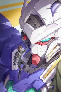  1boy black_bodysuit blue_eyes bodysuit brown_eyes brown_hair commentary_request damaged exia_repair finger_on_trigger gun gundam gundam_00 handgun helmet highres holding holding_gun holding_weapon mecha mecha_pilot_suit mobile_suit red_eyes robot rumour_has_it science_fiction setsuna_f._seiei short_hair space_helmet spacesuit unworn_headwear unworn_helmet upper_body v-fin weapon zero_gravity 