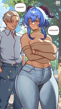 1boy 1girl 2025 absurdres ahoge alternate_costume arms_under_breasts artist_name beige_sweater blonde_hair blue_hair blurry blurry_background blush breasts city cleavage collarbone cowboy_shot crossed_arms curvy day denim ganyu_(genshin_impact) genshin_impact half-closed_eyes hands_in_pockets highres horns huge_filesize jeans jerkdibuja large_breasts lips long_hair long_sleeves looking_back looking_down midriff off_shoulder outdoors pants parted_lips pervert plunging_neckline purple_eyes road shadow short_hair spanish_commentary spanish_text speech_bubble thick_thighs thighs translated tree variant_set rating:Sensitive score:20 user:Itwyug3