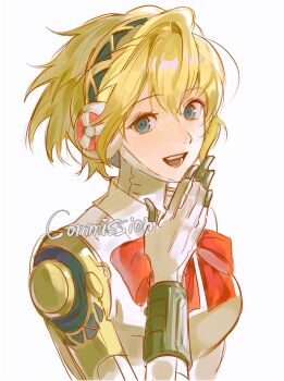  1girl :d aigis_(persona) android blonde_hair blue_eyes bow bowtie breasts commentary_request commission gold_hairband hair_between_eyes hair_intakes hairband hand_up highres joints joowon_(jju_oon) korean_commentary looking_at_viewer mechanical_arms open_mouth persona persona_3 portrait red_bow red_bowtie robot_ears robot_joints short_hair simple_background smile solo white_background 