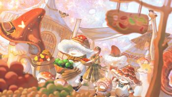  1girl ^_^ absurdres aerial_fireworks animal ankle_socks apple argyle_clothes argyle_skirt argyle_socks back_ribbon bird black_boots black_bow black_bowtie black_ribbon boots bow bowl bowler_hat bowtie braid brown_hat brown_socks bug butterfly capelet cherry_print chinese_commentary closed_eyes closed_mouth collared_shirt commentary_request confetti festival fireworks food food_print fruit fruit_print green_capelet green_skirt grey_shirt hair_over_shoulder happy hat hat_bow high-waist_skirt high_heel_boots high_heels highres holding holding_bowl house infinity_nikki insect lace lace-trimmed_shirt lace_trim light_particles lime_(fruit) long_hair medium_skirt mg_miange nikki_(series) open_mouth orange_eyes orange_hair outdoors oversized_animal owl pear pleated_skirt print_capelet ribbon scholar_owl_(infinity_nikki) shirt shroomling_(infinity_nikki) sign skirt snail snail_(infinity_nikki) socks stylist_(nikki) sunset teeth twin_braids upper_teeth_only walking white_butterfly 