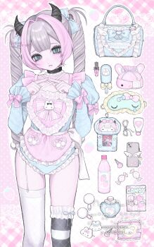  1girl aegyo_sal apron asymmetrical_legwear back_bow bag black_choker black_horns black_socks blonde_hair blue_bag blue_bow blue_eyes bow candy center-flap_bangs choker commentary commission cowboy_shot drink earbuds earphones eye_mask eyelashes fang fingernails food frilled_choker frilled_leotard frills garter_straps hair_bow hair_intakes hair_ornament handbag hands_up hashtag-only_commentary head_tilt highres horns index_fingers_together juliet_sleeves leotard long_sleeves mask motsu_(timotimo451) multicolored_hair onesie original over-kneehighs phone pink_apron pink_background pink_bow pink_hair polaroid_photo puffy_sleeves ribbon_legwear ringlets skeb_commission sleeve_bow sleeved_leotard socks solo standing thighhighs twintails two-tone_hair untranslatable_commentary unworn_hair_ornament unworn_mask waist_apron wallet watermark watermark_grid white_bow white_garter_straps white_thighhighs 