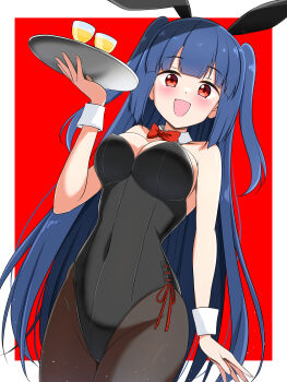  1girl absurdres animal_ears black_leotard black_pantyhose blue_hair border bow bowtie breasts bunny_day cleavage commentary_request covered_navel detached_collar fake_animal_ears glass highres holding holding_tray ichima_(pixiv_29147205) kakuriyo_no_mon leotard long_hair looking_at_viewer open_mouth outside_border pantyhose playboy_bunny rabbit red_background red_bow red_bowtie red_eyes side-tie_leotard simple_background solo standing tray white_border white_wrist_cuffs wrist_cuffs 