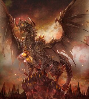  dragon fire glowing glowing_eyes michii_yuuki monster no_humans original pixiv_fantasia pixiv_fantasia_5 red_eyes scales smoke wings  rating:Sensitive score:66 user:danbooru