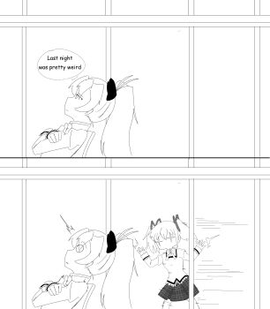  2girls absurdres antenna_hair black_bow bow closed_mouth crossed_arms english_text feet_out_of_frame from_side greyscale hair_bow hair_ribbon hands_up highres ironcarbon_wolf kaname_madoka leaning_back long_hair looking_at_another mahou_shoujo_madoka_magica mahou_shoujo_madoka_magica:_hangyaku_no_monogatari mitakihara_school_uniform monochrome motion_lines multiple_girls no_mouth ponytail ribbon sakura_kyoko school_uniform short_hair sparkling_eyes speech_bubble thought_bubble twintails upper_body white_hair 