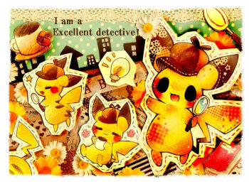  :3 blush book commentary_request cup deerstalker detective_pikachu_(game) detective_pikachu_(series) english_text flower gen_1_pokemon happy hat holding holding_magnifying_glass light_bulb magnifying_glass mixed_media nintendo no_humans open_mouth pikachu pokemon pokemon_(creature) spoken_light_bulb traditional_media watercolor_pencil_(medium) yukichi_0611 