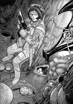  1girl alien astronaut closed_mouth combination_gun combination_weapon commentary astronaut drilling_(combination_gun) english_commentary finger_on_trigger greyscale gun handgun helmet highres holding holding_gun holding_weapon machete making-of_available monochrome monster multiple-barrel_gun original pistol rifle sawed-off_shotgun shotgun smoothbore space_helmet standing survival_rifle tp-82 tp-82_cosmonaut_survival_pistol weapon wide-eyed y_naf 