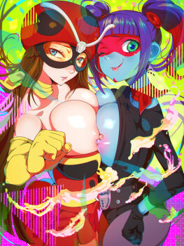 2girls :> :/ ass black_leotard breast_press breasts breasts_out breasts_squeezed_together cleavage electro_wave_human_tackle gradient_background hands_on_own_hips helmet highleg highleg_leotard highres huge_ass kamen_rider large_breasts leotard long_hair looking_at_viewer multiple_girls nipples okada_yuriko pantyhose rbx_lamen revealing_clothes shocker_(kamen_rider) smile toujima_tanzaburou_wa_kamen_rider_ni_naritai twintails wide_hips yukarisu 