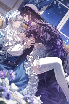  2girls absurdres blue_eyes blue_hairband blue_skirt breasts commentary_request dress dutch_angle earrings elbow_gloves eye_contact gloves hair_ornament hairband highres holding_another's_arm indoors jewelry korean_commentary long_dress long_hair long_sleeves looking_at_another medium_breasts multiple_girls novel_illustration official_art original parted_lips purple_dress purple_eyes purple_gloves purple_hair ring shirt single_off_shoulder skirt thighhighs white_hair white_shirt white_thighhighs yuhaw0v0 yuri 