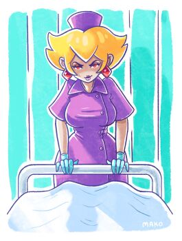 1girl alternate_costume bed blonde_hair blue_background drawfag earrings eyeshadow facing_viewer gloves hat hospital_bed jewelry latex latex_gloves lipstick looking_at_viewer makeup makodoodles mario_(series) medium_hair nintendo nurse nurse_cap paper_mario paper_mario:_the_thousand-year_door pov princess_peach purple_lips red_eyes shadow_queen smile solo upper_body wide_hips