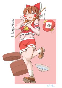  1girl :d absurdres adapted_costume alcohol arm_cuffs arm_up armpit_crease artist_name ascot bamboo_steamer bow brown_hair character_name closed_eyes collared_shirt commentary_request cropped_shirt cup facing_viewer food full_body hair_bow hair_tubes hakurei_reimu highres holding holding_stick lantern loafers midriff navel open_hand open_mouth over_shoulder red_bow red_shirt red_shoes red_skirt sakazuki sake shi_yu_mu_xi shirt shoes short_hair skirt smile socks solo standing standing_on_one_leg steamed_bun stick touhou white_background white_socks yellow_ascot 