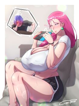 1boy 1girl absurdres alternate_breast_size barefoot belly black_shorts blue_eyes blue_hair blush bra_strap breasts casual cleavage commentary coolpsyco couch couple covered_erect_nipples dolphin_shorts earrings english_commentary full-face_blush handheld_game_console heart hetero highres holding holding_handheld_game_console huge_breasts inset james_(pokemon) jessie_(pokemon) jewelry long_hair mature_female nintendo nintendo_switch plump pokemon pokemon_(anime) pokemon_(classic_anime) purple_hair shorts sitting solo_focus sweat team_rocket very_long_hair  rating:Sensitive score:128 user:danbooru