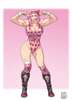  1girl absurdres aged_down armpits arms_up boots breasts charlotte_linlin cirenk cleavage curvy female_focus flexing full_body highres large_breasts leotard lipstick long_hair looking_at_viewer makeup muscular muscular_female one_piece orange_eyes pink_hair solo thick_thighs thighs wide_hips 