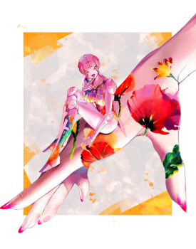  1girl 1other border breasts colored_skin compound_eyes finger_to_mouth fingernails flower hand_focus highres jojo_no_kimyou_na_bouken large_breasts leaf leotard mini_person musasabi05 nail_polish open_hand open_mouth outside_border pink_leotard pink_nails pink_skin red_flower robot short_hair sitting solo spice_girl_(stand) stand_(jojo) trish_una vento_aureo white_border yellow_eyes 