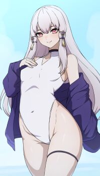  1girl absurdres alternate_costume blue_background breasts closed_mouth commentary commission covered_navel daydarion english_commentary fingernails fire_emblem fire_emblem:_three_houses grey_hair highleg highleg_one-piece_swimsuit highres jacket lips long_hair looking_at_viewer lysithea_von_ordelia lysithea_von_ordelia_(timeskip) nintendo off_shoulder one-piece_swimsuit pink_eyes pink_lips purple_jacket skindentation small_breasts smile solo swimsuit thick_thighs thighs very_long_hair white_one-piece_swimsuit 