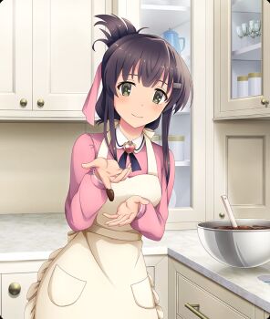  1girl apron black_hair blush brooch cabinet champagne_flute chocolate_icing chocolate_on_hand closed_mouth counter cowboy_shot cup dot_nose drinking_glass food_on_hand game_cg green_eyes hair_ornament hair_ribbon hairclip heart heart_brooch icing incoming_food jewelry kitchen long_sleeves looking_at_viewer medium_hair mixing_bowl official_art outstretched_hand pink_ribbon pink_shirt pocket ribbon shirt sidelocks smile solo teapot third-party_source toji_no_miko toji_no_miko:_kizamishi_issen_no_tomoshibi white_apron yanase_mai 