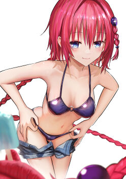  1girl absurdres bare_shoulders bikini black_bikini blue_eyes blue_shorts braid braided_ponytail breasts breasts_apart commentary_request cowboy_shot denim denim_shorts fingernails food hair_between_eyes hair_ornament haro_(har_illust) highres holding holding_food holding_ice_cream ice_cream ice_cream_bar kurosaki_mea long_hair looking_at_viewer navel o-ring o-ring_bikini prehensile_hair red_hair shorts shorts_partially_removed sidelocks simple_background smile solo stomach swimsuit to_love-ru to_love-ru_darkness very_long_hair white_background 