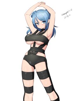  1girl absurdres alternate_costume arms_up bikini black_bikini blue_eyes blue_hair breasts cosplay dated donut_hair_bun double_bun feet_out_of_frame hair_bun highres hot_limit kantai_collection large_breasts long_hair looking_at_viewer maru_(marg0613) nishikawa_takanori nishikawa_takanori_(cosplay) one-hour_drawing_challenge simple_background solo swimsuit t.m.revolution twitter_username underboob urakaze_(kancolle) white_background 