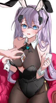 @_@ absurdres ace_(playing_card) ace_of_spades animal_ears azur_lane bare_shoulders blue_eyes blush bow bowtie breasts card chair cleavage collar commission commissioner_upload embarrassed grey_hair hair_between_eyes hair_ornament hair_through_headwear highres holding holding_card intrepid_(azur_lane) king_(playing_card) king_of_clubs large_breasts leggings long_hair looking_at_viewer mole mole_on_breast non-web_source on_chair open_mouth playboy_bunny playing_card rabbit_ears reaching_into_cleavage sideboob simple_background spade_(shape) two_side_up vayneeeee wrist_cuffs