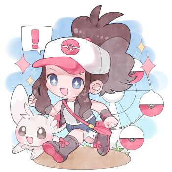  ! +_+ 1girl baseball_cap black_boots black_vest blue_eyes blue_shorts boots brown_hair chibi chibi_only commentary_request eyelashes ferris_wheel fubu_(classic_fubu) full_body gen_5_pokemon grass hat highres hilda_(pokemon) long_hair minccino nintendo open_clothes open_mouth open_vest poke_ball_theme pokemon pokemon_(creature) pokemon_bw ponytail shirt shorts sidelocks signature sleeveless sleeveless_shirt smile sparkle speech_bubble spoken_exclamation_mark vest white_hat white_shirt wristband 