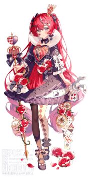  1girl :| absurdres ace_(playing_card) ace_of_clubs ace_of_hearts ace_of_spades amai_melo argyle_clothes argyle_pantyhose arms_at_sides asymmetrical_footwear asymmetrical_legwear black_bow black_dress black_hair black_pantyhose black_shoes blush bow bow_earrings breasts card clock closed_mouth club_(shape) commentary_request cross-laced_clothes cross-laced_sleeves crown detached_collar dot_nose double-parted_bangs dress earrings expressionless facial_mark fingernails flower flower_dress footwear_bow frilled_dress frilled_footwear frilled_sleeves frills full_body gem gold_crown grey_eyes hair_between_eyes hair_bow hair_ornament hairband hat_tip heart heart-shaped_gem heart_earrings heart_facial_mark heart_hair_ornament heart_print highres holding holding_staff holding_stuffed_toy jewelry lace-trimmed_bow lace-trimmed_shirt_collar lace_trim layered_dress leaf light_frown long_hair long_sleeves looking_at_viewer mary_janes mini_crown mismatched_footwear multicolored_dress multicolored_hair neck_ruff original pantyhose petals plaid_clothes plaid_dress plant playing_card puffy_long_sleeves puffy_sleeves purple_dress red_dress red_flower red_gem red_hair red_petals red_pupils red_rose ribbon_earrings rose shoes sidelocks simple_background single_earring sleeve_bow small_breasts solo spade_(shape) staff standing streaked_hair striped_clothes striped_dress stuffed_animal stuffed_rabbit stuffed_toy tareme thorns twintails twitter_username two-sided_bow vertical-striped_clothes vertical-striped_dress very_long_hair vines watermark wavy_hair white_background white_bow white_hair white_pantyhose yellow_hairband 