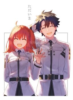  1boy 1girl ahoge belt black_belt black_hair black_pants black_skirt chaldea_logo chaldea_uniform closed_eyes collared_jacket fate/grand_order fate_(series) fujimaru_ritsuka_(female) fujimaru_ritsuka_(male) hand_on_own_head hand_up jacket open_mouth orange_hair pants side_ponytail skirt smile somemiya_suzume twitter_username white_jacket 