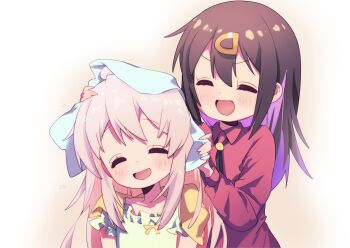  2girls :d ^_^ black_hair bolo_tie closed_eyes colored_inner_hair commentary_request drying drying_another's_hair drying_hair hair_between_eyes hair_down hair_ornament hairclip happy highres jacket light_blush long_sleeves mochitsuki_kagami multicolored_hair multiple_girls onii-chan_wa_oshimai! open_clothes open_jacket open_mouth oyama_mahiro oyama_mihari pink_hair purple_hair red_shirt shirt siblings sisters smile towel two-tone_hair wing_collar 