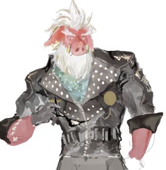  0_0ffline 1boy absurdres animal_ears beard big_daddy_(zenless_zone_zero) black_gloves black_jacket black_pants blue_neckerchief boar_boy boar_ears facial_hair floppy_ears furry furry_male gloves highres holding holding_removed_eyewear jacket leather leather_jacket male_focus neckerchief pants pig_nose simple_background sunglasses tusks unworn_eyewear white_background white_hair zenless_zone_zero 