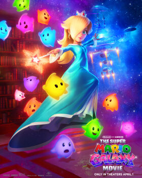  1girl 6+others blonde_hair blue_dress blue_eyes breasts closed_mouth commentary crown dress earrings english_commentary floating galaxy hair_over_one_eye highres holding holding_wand jewelry levitation long_hair looking_at_viewer luma_(mario) mario_(series) multiple_others nintendo official_art rosalina sky smile solo space star_(sky) star_(symbol) star_earrings starry_sky super_mario_galaxy the_super_mario_galaxy_movie wand 
