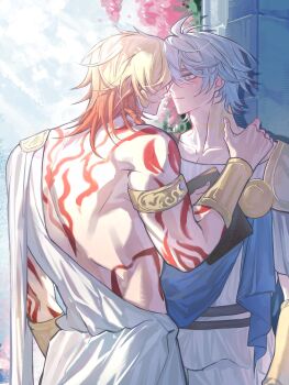  2boys alternate_costume ancient_greek_clothes antenna_hair arm_tattoo armlet armor back_tattoo blonde_hair blue_eyes blush braid chiton earrings gold_armlet gold_earrings gold_vambraces gradient_hair greco-roman_clothes hand_on_another's_shoulder hashtag-only_commentary highres honkai:_star_rail honkai_(series) imminent_kiss israe_urol jewelry male_focus medium_hair multicolored_hair multiple_boys mydei_(honkai:_star_rail) neck_tattoo pauldrons phainon_(honkai:_star_rail) red_hair red_tattoo short_hair shoulder_armor side_braid single_pauldron sun_symbol sun_tattoo tan tattoo white_hair yaoi 
