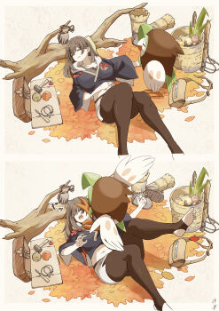  1girl absurdres apricorn autumn_leaves bag basket boots brown_bag brown_boots brown_gloves brown_hair brown_shirt cable chisel closed_eyes closed_mouth commentary_request crop_top cropped_hoodie dartrix fingernails gen_7_pokemon glassy0302 gloves grey_hoodie hair_down hair_ornament hammer hand_on_own_stomach highres hood hood_down hoodie kuraishi_ringo_(glassy0302) leaf linking_cord_(pokemon) log long_hair long_sleeves lying midriff navel nintendo nugget_(pokemon) open_mouth original pokemon pokemon_(creature) pokemon_legends:_arceus rope shirt shorts sleeping tassel teeth toeless_legwear toes unworn_boots unworn_gloves unworn_hair_ornament upper_teeth_only waking_another white_shorts 