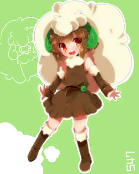  1girl animal_ears bare_shoulders blush brown_hair child creature_and_personification detached_sleeves female_focus gen_5_pokemon highres looking_at_viewer multicolored_hair nintendo open_mouth personification pokedex_number pokemon red_eyes short_hair skirt smile solo two-tone_hair whimsicott zinpati  rating:General score:30 user:danbooru
