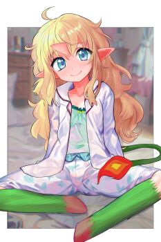  1girl absurdres blonde_hair blue_eyes commentary_request futaba_channel highres horns kirin_(nijiura_maids) large_variant_set long_hair nijiura_maids pointy_ears single_horn sitting smile solo tsukiyono_aroe variant_set 