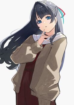  1girl absurdres blue_eyes blush brown_cardigan brown_dress cardigan commentary cowboy_shot dress hand_on_own_chin hasu_no_sora_school_uniform highres link!_like!_love_live! long_sleeves looking_at_viewer love_live! murano_sayaka open_cardigan open_clothes parted_lips pleated_dress sailor_collar sailor_dress school_uniform simple_background solo takagakimiyu virtual_youtuber white_background white_sailor_collar winter_uniform 