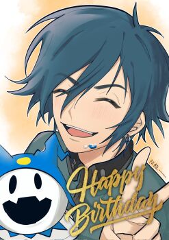  1boy birthday black_hair blush catfish05 character-themed_food chinese_commentary chinese_text closed_eyes commentary_request corrupted_twitter_file demon_(megami_tensei) earrings food food_on_face happy_birthday highres jack_frost_(megami_tensei) jewelry looking_at_viewer male_focus open_mouth persona persona_1 school_uniform short_hair simple_background smile st._hermelin_school_uniform toudou_naoya translation_request v 