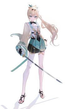  1girl absurdres aqua_eyes black_gloves black_shrug blonde_hair breasts bright_pupils chest_sarashi cleavage cleavage_cutout clothing_cutout collarbone commentary_request contrapposto covered_navel double-parted_bangs egasumi eyelashes fingerless_gloves full_body gloves hair_ornament hakama hakama_short_skirt hakama_skirt haori headband high_ponytail highres hip_vent holding holding_sword holding_weapon hololive japanese_clothes katana kazama_iroha kazama_iroha_(1st_costume) leaf_hair_ornament leotard leotard_under_clothes light_blush long_hair looking_ahead me_1365 multi-strapped_footwear obi obijime pleated_skirt ponytail samurai sandals sarashi sash scabbard shadow sheath shrug_(clothing) sidelocks simple_background skirt solo sword tabi thighhighs unsheathed virtual_youtuber weapon white_background white_thighhighs zouri 