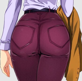 1girl 2021 ass ass_focus belt denim holding holding_unworn_clothes jeans long_sleeves pants pocket scryed shirt shirt_tucked_in solo standing terada_ayase tomo0843 white_background white_shirt rating:Sensitive score:55 user:danbooru