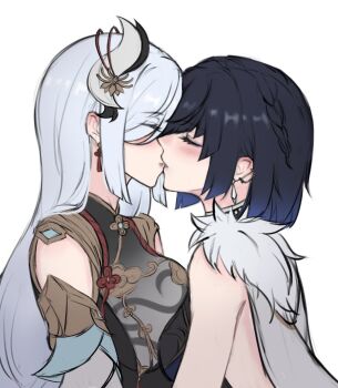  2girls a_ai_ri blue_hair blush bob_cut bodysuit braid breasts closed_eyes diagonal_bangs earrings fur-trimmed_jacket fur_trim genshin_impact gloves hair_ornament highres jacket jewelry kiss long_hair medium_breasts multiple_girls shenhe_(genshin_impact) short_hair simple_background white_background white_hair yelan_(genshin_impact) yuri  rating:Sensitive score:24 user:danbooru