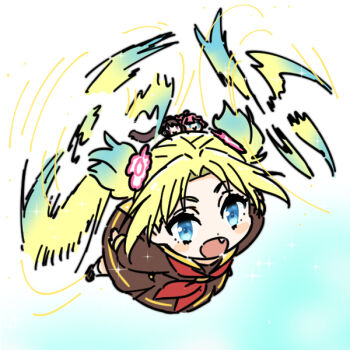  1girl :d afterimage ahoge anyoji_hime aqua_background aqua_hair blonde_hair blue_eyes blue_hair blush_stickers brown_dress brown_hair character_doll chibi chibi_only closed_mouth commentary_request doll doll_on_head dress fang flower flying fujishima_megumi fujishima_megumi_(post-graduation) gradient_hair hair_flower hair_ornament hair_propeller hasu_no_sora_school_uniform helicopter_hair link!_like!_love_live! long_hair long_sleeves looking_at_viewer love_live! medium_dress multi-tied_hair multicolored_hair neckerchief open_mouth osawa_rurino parted_bangs pink_flower pink_hair pleated_dress ponytail prehensile_hair purple_eyes red_neckerchief sailor_collar sailor_dress school_uniform shinanoya_(satanicad) smear_frame smile solo twintails two-tone_background v-shaped_eyebrows virtual_youtuber white_background white_flower white_sailor_collar winter_uniform |_| 