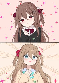  2girls absurdres ahoge aqua_bow aqua_bowtie badge black_cardigan blue_eyes blue_sailor_collar blush bow bowtie broken_heart broken_heart_hair_ornament brown_hair button_badge cardigan commentary commission dress_shirt english_commentary evil_neuro-sama gurara hair_between_eyes hair_ornament heart heart_hair_ornament highres long_hair long_sleeves looking_at_viewer multiple_girls neuro-sama open_mouth pov red_bow red_bowtie red_eyes sailor_collar second-party_source shirt torn_hair_ribbon two_side_up upper_body vedal_ai virtual_youtuber white_shirt yellow_cardigan 