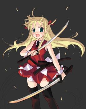  00s arisa_bunnings blonde_hair burning_arisa dual_wielding holding long_hair lyrical_nanoha mahou_shoujo_lyrical_nanoha non-web_source solo sword thighhighs weapon zettai_ryouiki 