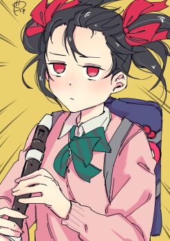  1girl backpack bag black_hair bow bowtie closed_mouth commentary_request expressionless floating_hair flute green_bow green_bowtie hair_ribbon highres holding holding_flute holding_instrument instrument kyoufuu_all_back_(vocaloid) love_live! love_live!_school_idol_project otonokizaka_school_uniform pink_sweater recorder red_eyes red_ribbon ribbon school_uniform solo surfacedxxc sweater twintails upper_body vocaloid yazawa_nico 